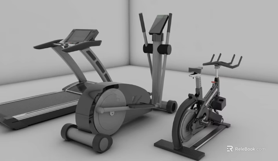 Home Gym Fitness Equipment Collection With Treadmill Elliptical Trainer And Exercise Bike 3d model 