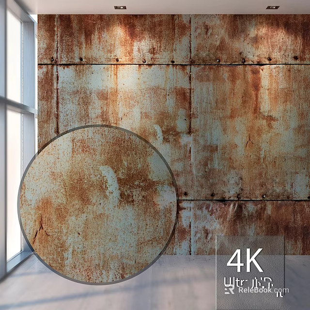 Rusty Metal Wall Panels With Round Mirror In Industrial Interior Design 3d model