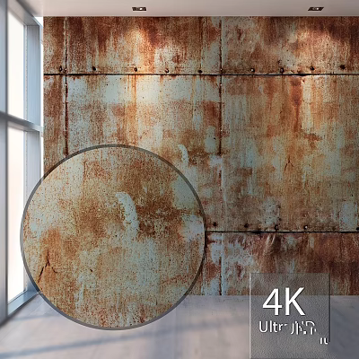 Rusty Metal Wall Panels With Round Mirror In Industrial Interior Design 3d model