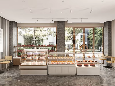 Modern Dessert Shop Interior With Display Cases And Pastries 3d model