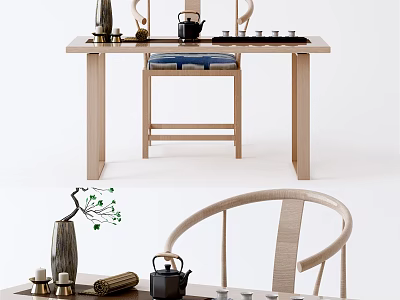 Modern Wooden Tea Table And Chairs With Teapot Teacups And Decorative Items 3d model