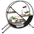 Round Storage Shelving Unit With Black Metal Frame And Wooden Plant Display Shelves