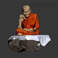 Elderly Man in Red Robe Sitting Cross-Legged on White Cushion Against Gray Background