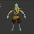Bald Man in Yellow Top and Red Shorts with Blue Beaded Necklace and Shoulder Armor