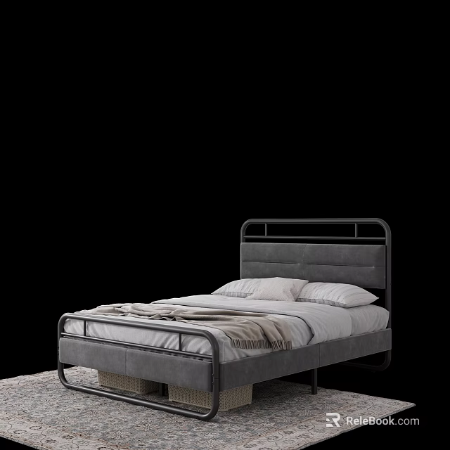 Modern Double Bed With Metal Frame Upholstered Headboard Pillows And Soft Blanket 3d model 