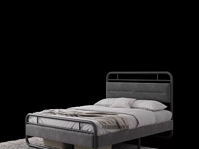 Modern Double Bed With Metal Frame Upholstered Headboard Pillows And Soft Blanket 3d model