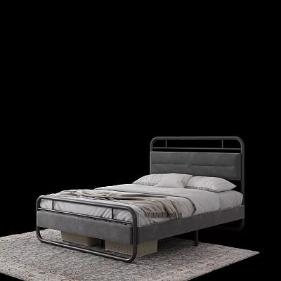 Modern Double Bed With Metal Frame Upholstered Headboard Pillows And Soft Blanket 3d model