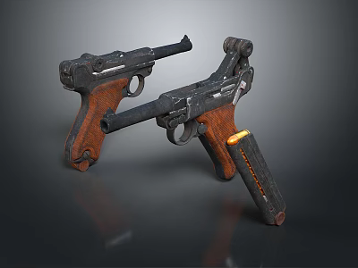 Vintage Pistols with Wooden Grips Black Metal Parts and Yellow Marking 3d model