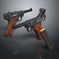 Vintage Pistols with Wooden Grips Black Metal Parts and Yellow Marking