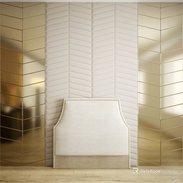 Sophisticated Bedroom Accent Wall Design With Upholstered Headboard Herringbone Pattern And Mirrored Panels 3d model 