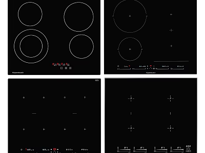Various Induction Cooktop Designs Featuring Black Surfaces Heating Zones And Control Panels 3d model