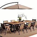 Outdoor Wooden Patio Dining Table And Chairs Set With Curved Umbrella And Floral Centerpiece
