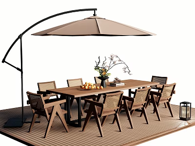 Outdoor Wooden Patio Dining Table And Chairs Set With Curved Umbrella And Floral Centerpiece 3d model