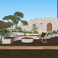 Garden Landscape Featuring Wooden Deck Circular Fire Pit Wicker Chair Green Plants Steps And Lawn