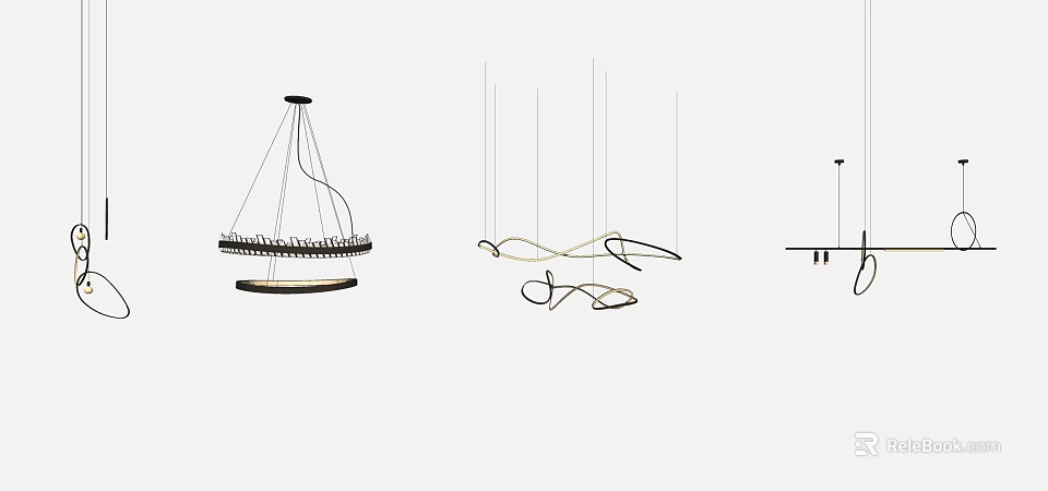 Modern Contemporary Chandelier Designs with Curved Metal Frames and Pendant Lights 3d model 
