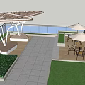 Roof Garden With Seaside Night View White Pergola Green Plants And Stone Paved Seating Area