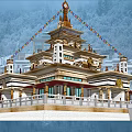 Traditional Garden Ornament Featuring Golden Roof Prayer Flags And Stone Steps By Water