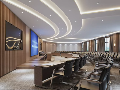 Modern Conference Room Interior With Large Screen Long Meeting Table And Black Chairs 3d model