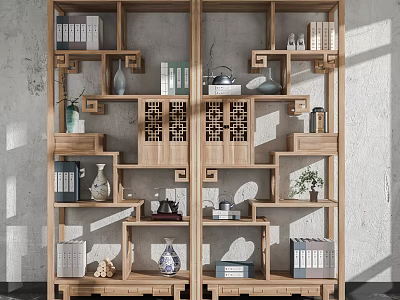 Traditional Chinese Wooden Display Shelf With Decorative Shelves Holding Books Vases And Tea Sets 3d model