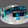 Modern Exhibition Island Featuring White Curved Design Blue Screen City Night View And Circular Base