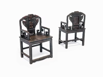 Traditional Chinese Carved Wooden Lounge Chairs with Ornate Backrest and Armrest Design 3d model