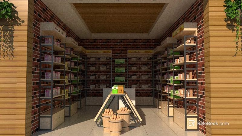 Specialty Store With Brick Walls Wooden Ceiling Shelves Fruit Baskets Green Boxes And Product Displays 3d model 