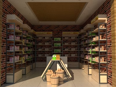 Specialty Store With Brick Walls Wooden Ceiling Shelves Fruit Baskets Green Boxes And Product Displays 3d model