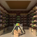 Specialty Store With Brick Walls Wooden Ceiling Shelves Fruit Baskets Green Boxes And Product Displays