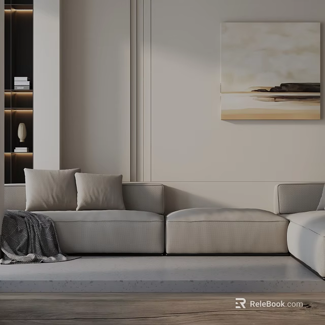 Modern Three Seater Sofa With Plush Cushions Throw Blanket And Wall Art 3d model