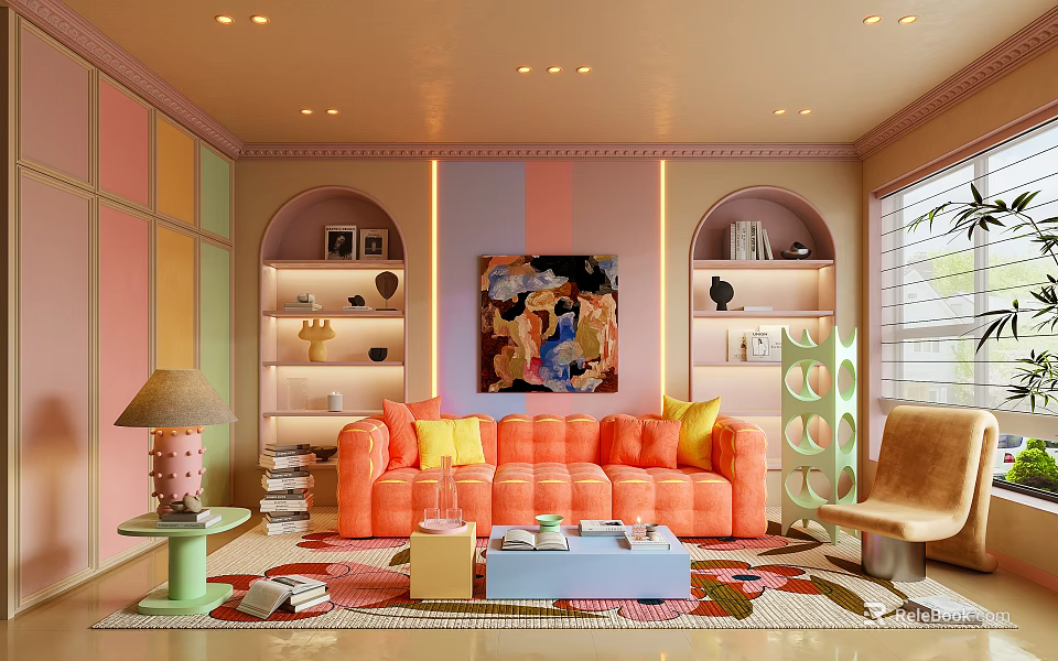 Playful Pastel Living Room With Plush Orange Sofa And Lovely Colorful Home Interior Design 3d model 