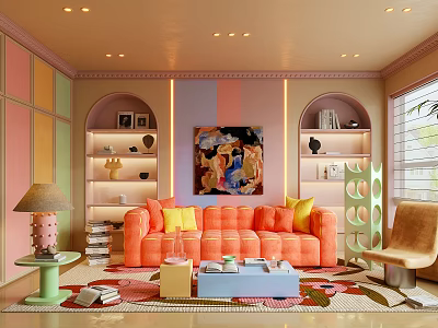 Playful Pastel Living Room With Plush Orange Sofa And Lovely Colorful Home Interior Design 3d model