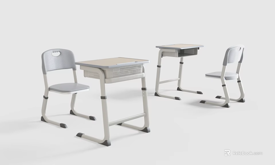 Modern Student Desk And Chair Set With Metal Frame And Wooden Top 3d model 