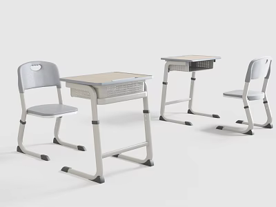 Modern Student Desk And Chair Set With Metal Frame And Wooden Top 3d model