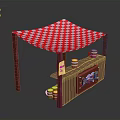 Red And White Checkered Canopy Food Stall With Wooden Barrels And Signage