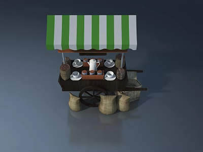 Landscape Sculpture Featuring Vintage Tea Cart With Green White Striped Awning Plates Sacks and Wheels 3d model