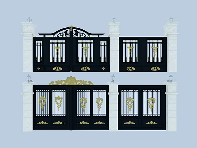 Entrance Gate Designs With Black Metal Frame Golden Accents And White Pillars 3d model