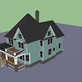 Light Blue Exterior Single Family House With Black Roof Chimney Porch And Windows