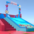 Vibrant Event Entrance Featuring Red And White Checkered Tents On Grass With Pink Flower Decorations
