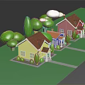 Cartoon Scene With Colorful Houses Green Lawn Trees And White Clouds