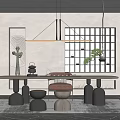 Serene Tea Room Interior With Light Walls Hanging Lights Round Table Stools And Grid Window 3d model