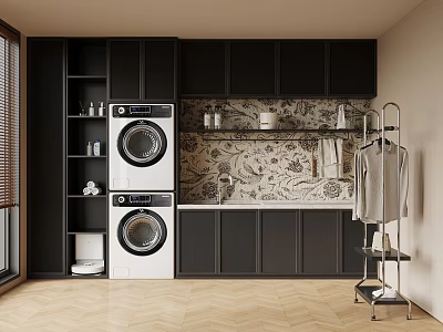Modern Stacked Washing Machines In Laundry Room With Black Cabinets Decorative Wallpaper And Clothes Hanger 3d model