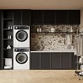 Modern Stacked Washing Machines In Laundry Room With Black Cabinets Decorative Wallpaper And Clothes Hanger
