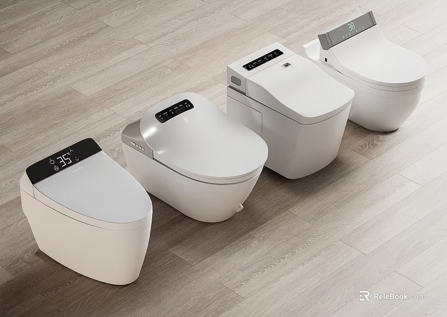Four White Smart Toilets With Digital Displays Arranged On Wooden Floor 3d model 