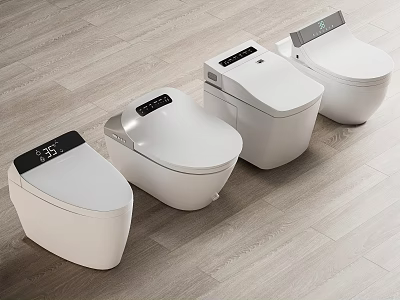 Four White Smart Toilets With Digital Displays Arranged On Wooden Floor 3d model