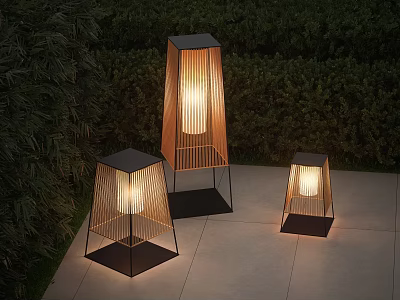 Contemporary Outdoor Lamps Featuring Wooden Panels And Black Bases In Garden Setting 3d model