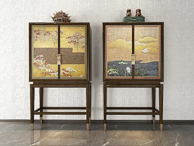 Wooden Entryway Cabinet and Side Cabinet with Decorative Paintings and Ornaments 3d model