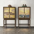 Wooden Entryway Cabinet and Side Cabinet with Decorative Paintings and Ornaments