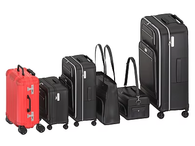 Assorted Luggage And Bags Collection With Red Black Colors Different Sizes And Wheeled Design 3d model