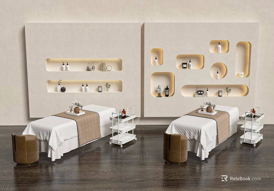 Spa Room With Two Massage Beds And Modern Shelving 3d model 