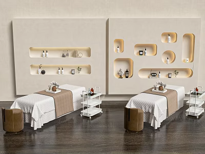 Spa Room With Two Massage Beds And Modern Shelving 3d model
